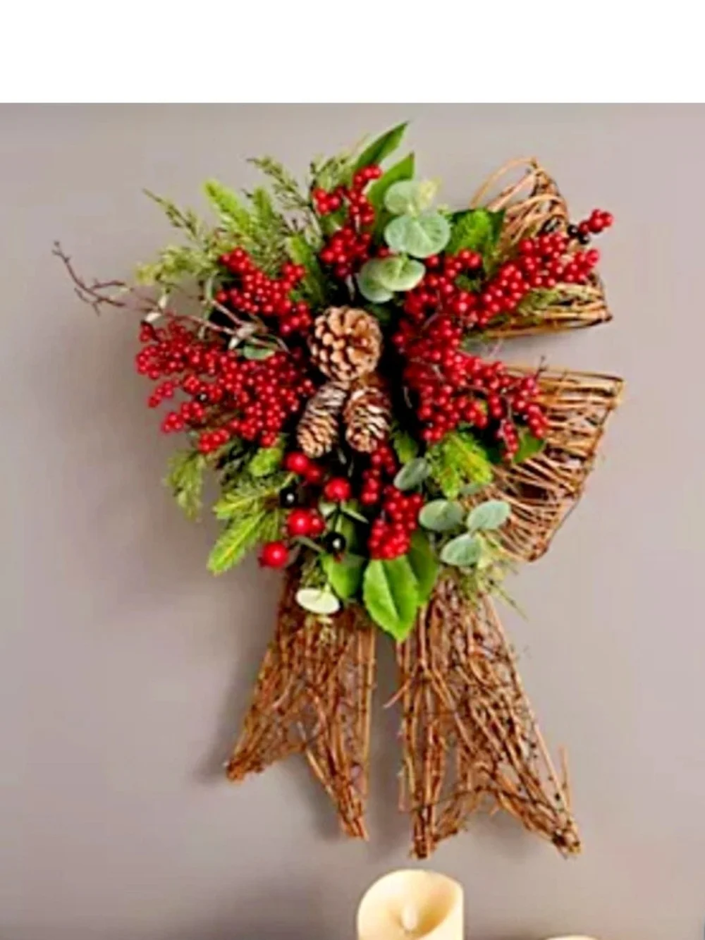 Valerie Parr Hill Grapevine Bow Wreath Berries Pine 24